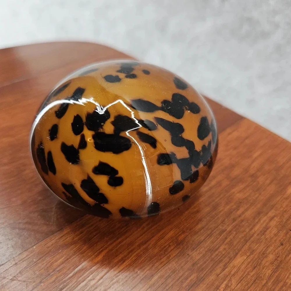 Pier 1 Blown Art Glass Paperweight Cheetah Orange Black Animal Print Shelf Decor